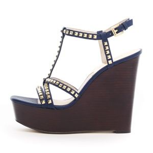 Women's Blue Alexi Studded Tstrap Wedge Sandal